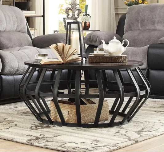 INDANG Metal Frame Round Cage Slate Accent Coffee Table by Hibashi Furniture – handcrafted solid wood furniture made in India