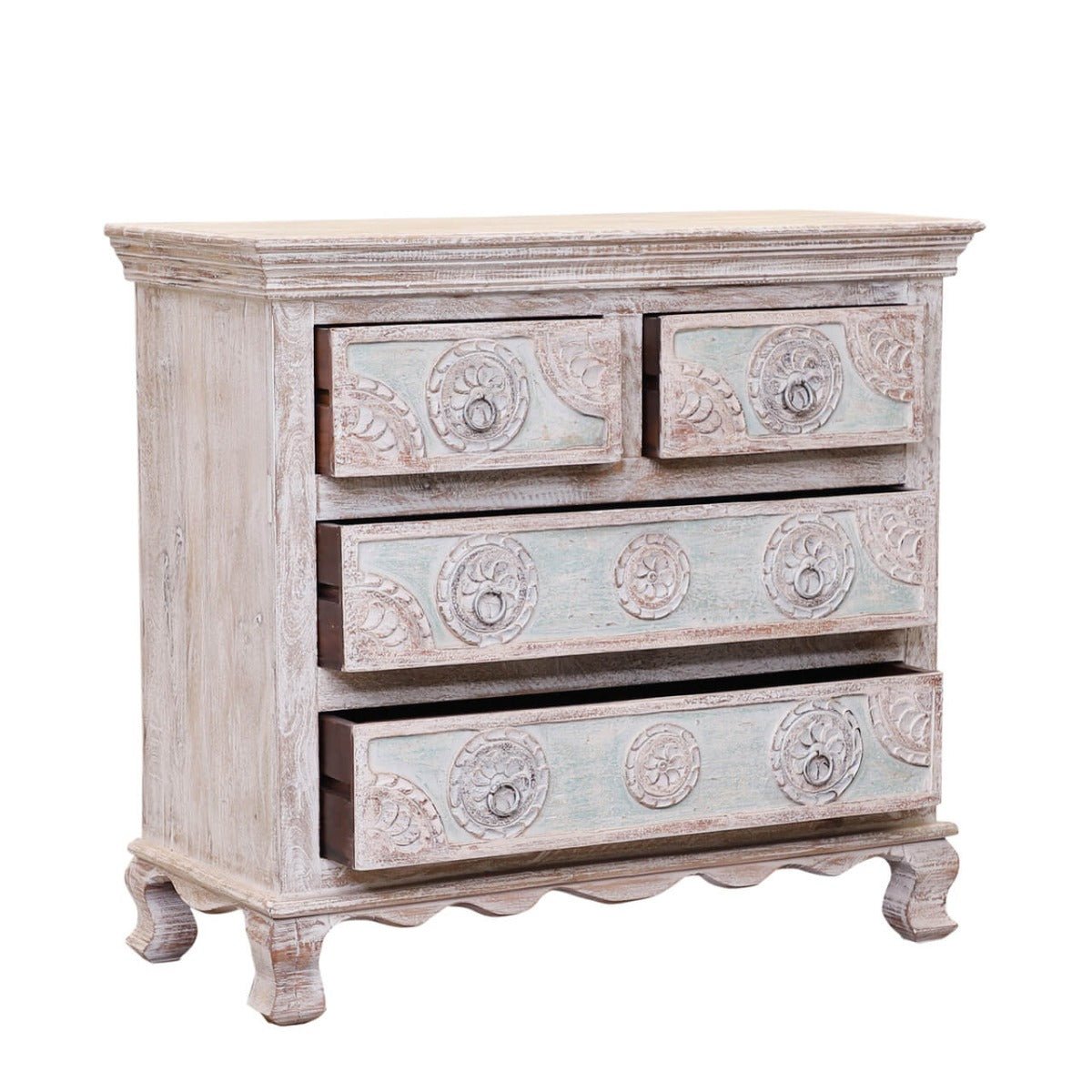 India Hand Carved Florentine Wood 4 Dresser by Hibashi Furniture – handcrafted solid wood furniture made in India