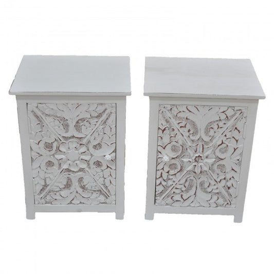 Indian Floral Design Hand Carved Wooden Bedside Table/ Hand Made Nightstand by Hibashi Furniture – handcrafted solid wood furniture made in India