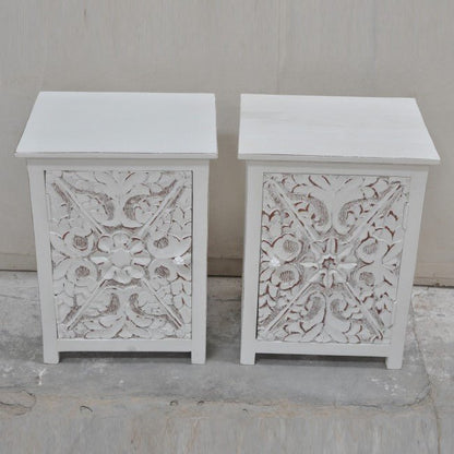 Indian Floral Design Hand Carved Wooden Bedside Table/ Hand Made Nightstand – handcrafted solid wood furniture