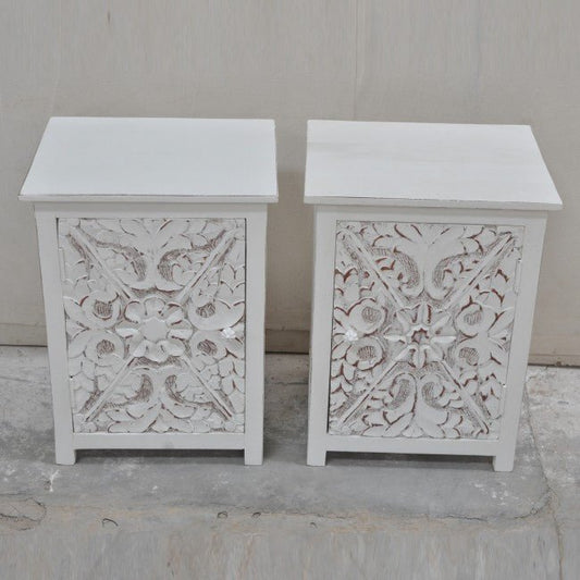 Indian Floral Design Hand Carved Wooden Bedside Table/ Hand Made Nightstand by Hibashi Furniture – handcrafted solid wood furniture made in India