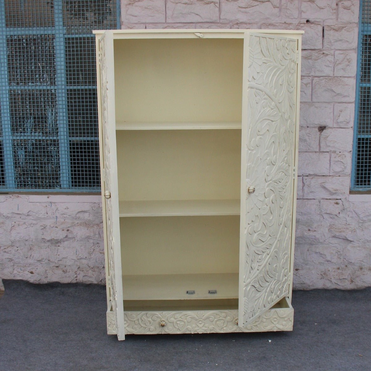 Indian Hand Carved Floral Design Solid Wooden Wardrobe/ Armoire – handcrafted solid wood furniture