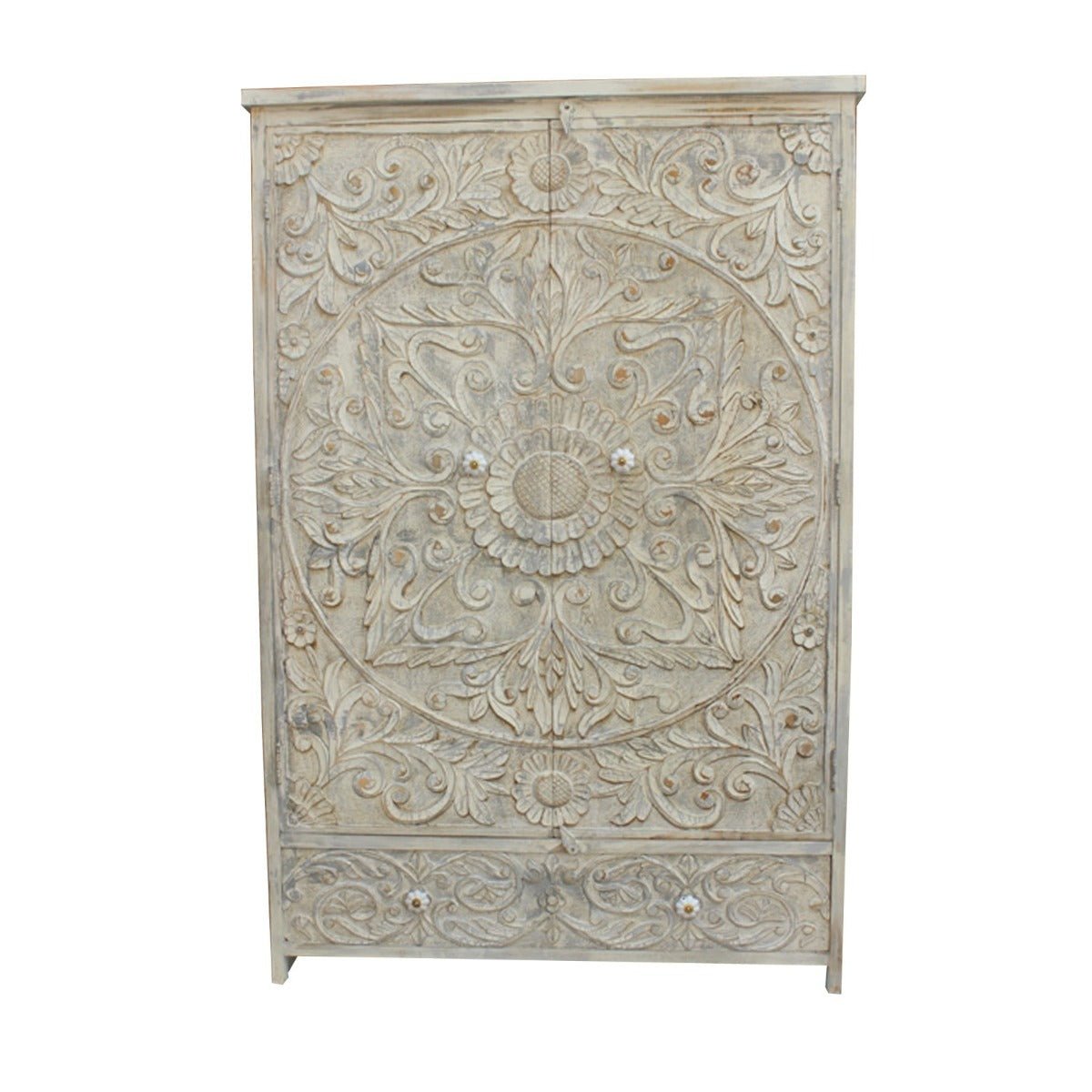Indian Hand Carved Floral Design Solid Wooden Wardrobe/ Armoire – handcrafted solid wood furniture