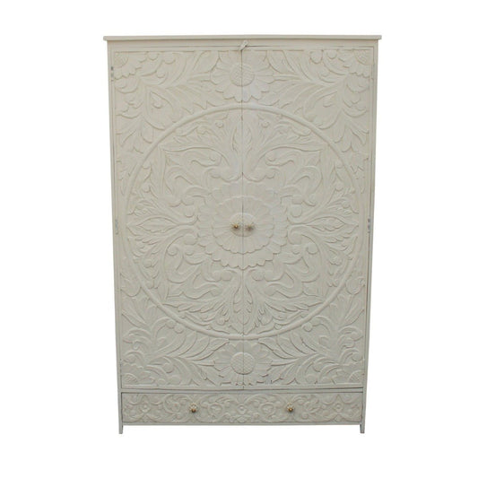 Indian Hand Carved Floral Design Solid Wooden Wardrobe/ Armoire by Hibashi Furniture – handcrafted solid wood furniture made in India