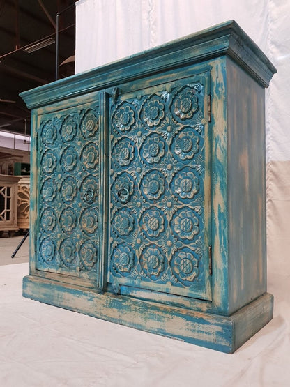 Indian hand carved floral small buffet sideboard storage cabinet – handcrafted solid wood furniture