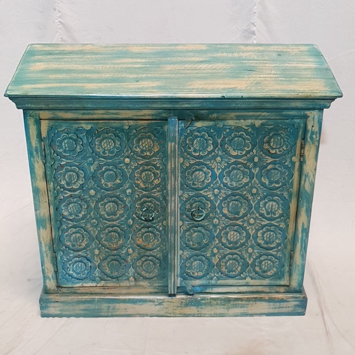 Indian hand carved floral small buffet sideboard storage cabinet – handcrafted solid wood furniture