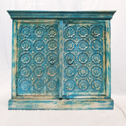 Indian hand carved floral small buffet sideboard storage cabinet – handcrafted solid wood furniture