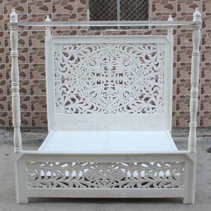 Indian Hand Carved wooden High Headboard Canopy Bed Frame – handcrafted solid wood furniture