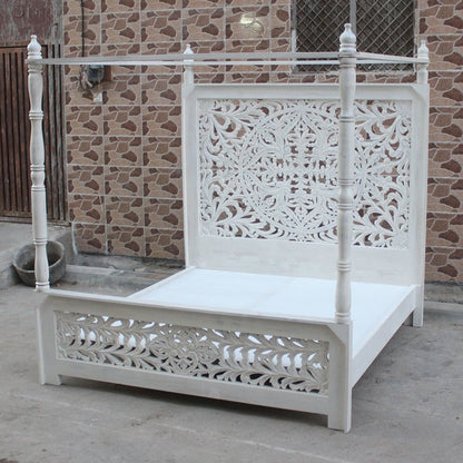 Indian Hand Carved wooden High Headboard Canopy Bed Frame – handcrafted solid wood furniture