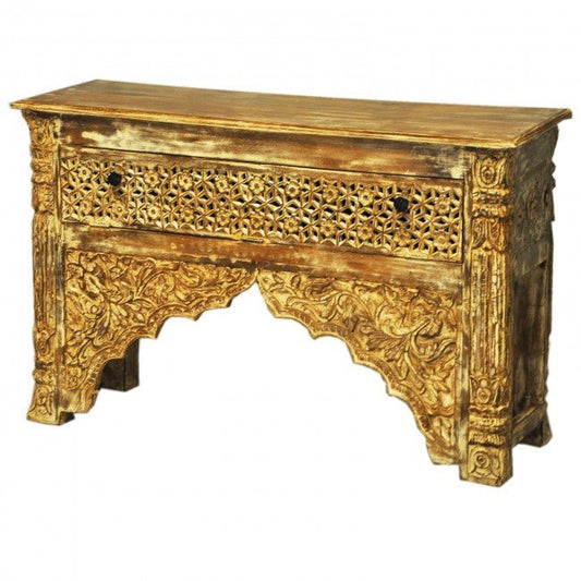 Indian Mehrab Style Carved Brown Solid Wood Console/Hall Table with Drawer by Hibashi Furniture – handcrafted solid wood furniture made in India