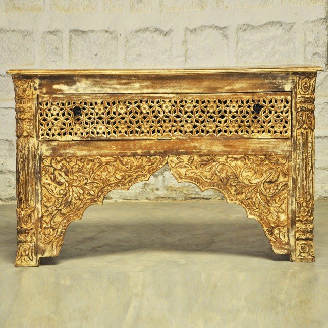 Indian Mehrab Style Carved Brown Solid Wood Console/Hall Table with Drawer – handcrafted solid wood furniture