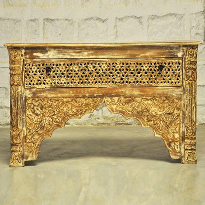 Indian Mehrab Style Carved Brown Solid Wood Console/Hall Table with Drawer – handcrafted solid wood furniture
