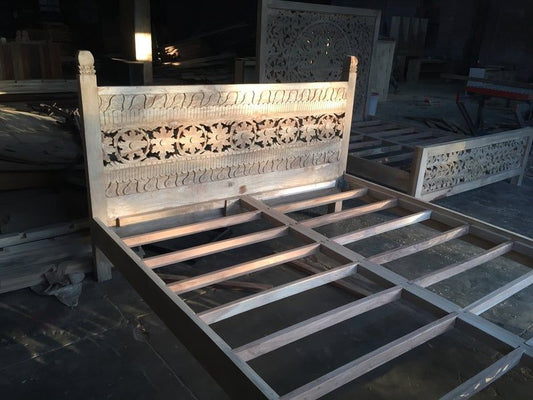 Indian Style Solid Wooden Flower Design Bed Frame King/ Queen by Hibashi Furniture – handcrafted solid wood furniture made in India