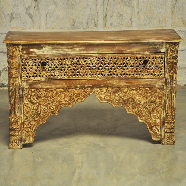 Consola de madera maciza marrón tallada estilo mehrab indio/mesa de salón con cajón