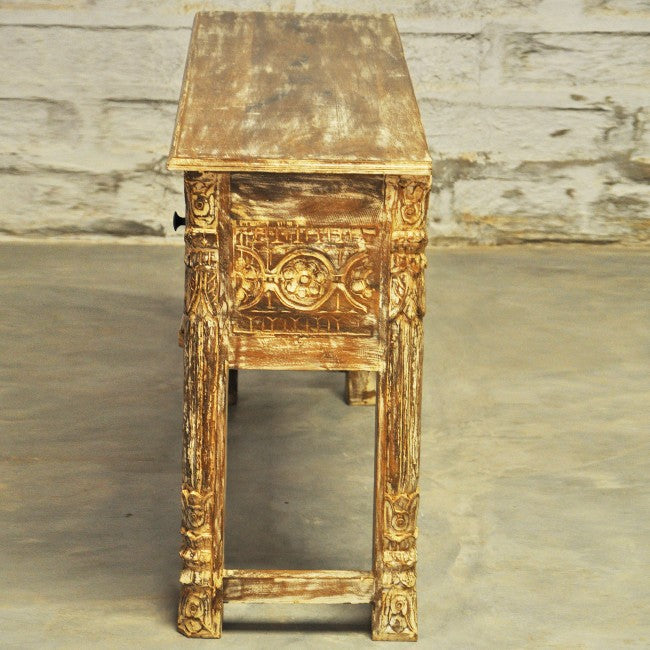 Mehrab Style Carved Console Table/Hall Table with Drawers - Cream Wash