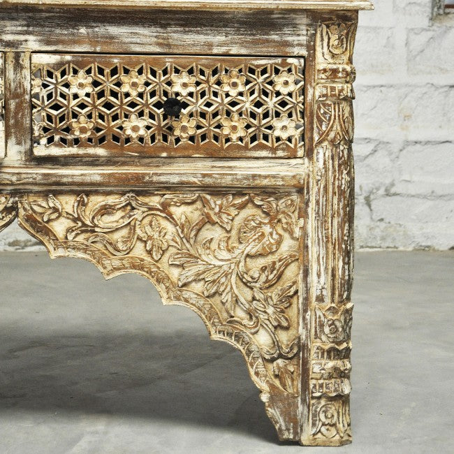 Mesa consola tallada estilo Mehrab/Mesa de recibidor con cajones - Lavado color crema
