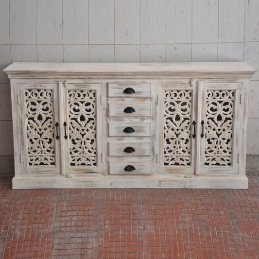 JALI SOLID 5 DRAWERS WOODEN SIDEBOARD-White wash-180-40-90
