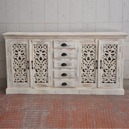 JALI SOLID 5 DRAWERS WOODEN SIDEBOARD-White wash-180-40-90