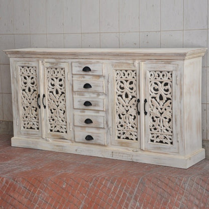 JALI SOLID 5 DRAWERS WOODEN SIDEBOARD-White wash-180-40-90