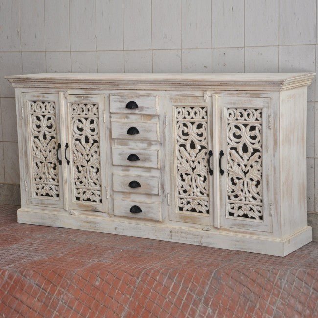 JALI SOLID 5 DRAWERS WOODEN SIDEBOARD - White wash - 180 - 40 - 90 – handcrafted solid wood furniture