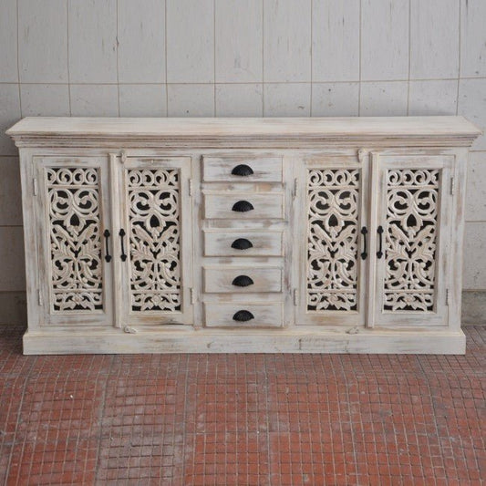 JALI SOLID 5 DRAWERS WOODEN SIDEBOARD - White wash - 180 - 40 - 90 by Hibashi Furniture – handcrafted solid wood furniture made in India