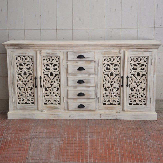 JALI SOLID 5 DRAWERS WOODEN SIDEBOARD - White wash - 180 - 40 - 90 – handcrafted solid wood furniture