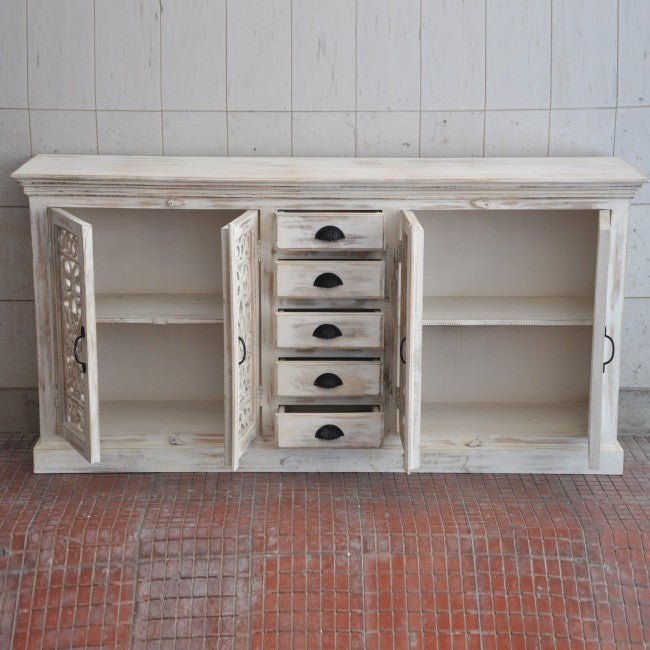 JALI SOLID 5 DRAWERS WOODEN SIDEBOARD - White wash - 180 - 40 - 90 – handcrafted solid wood furniture