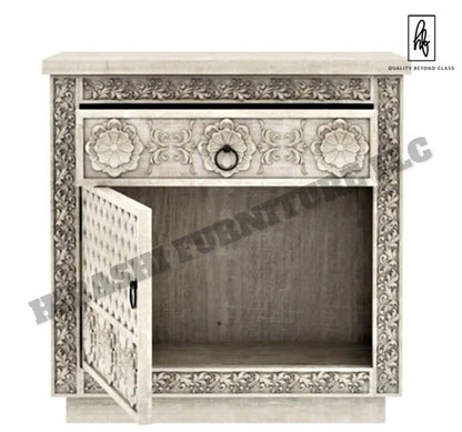 Juffair Hand Carved Solid wood Bedside/Nightstand – handcrafted solid wood furniture