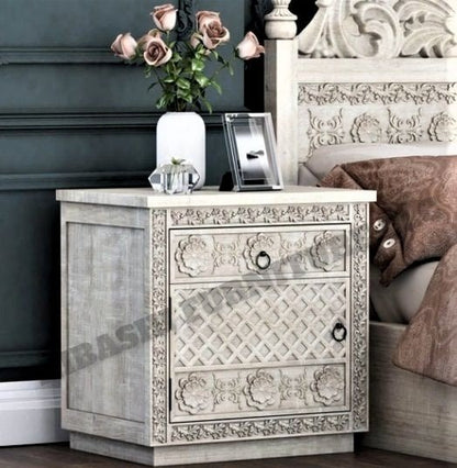Juffair Hand Carved Solid wood Bedside/Nightstand – handcrafted solid wood furniture
