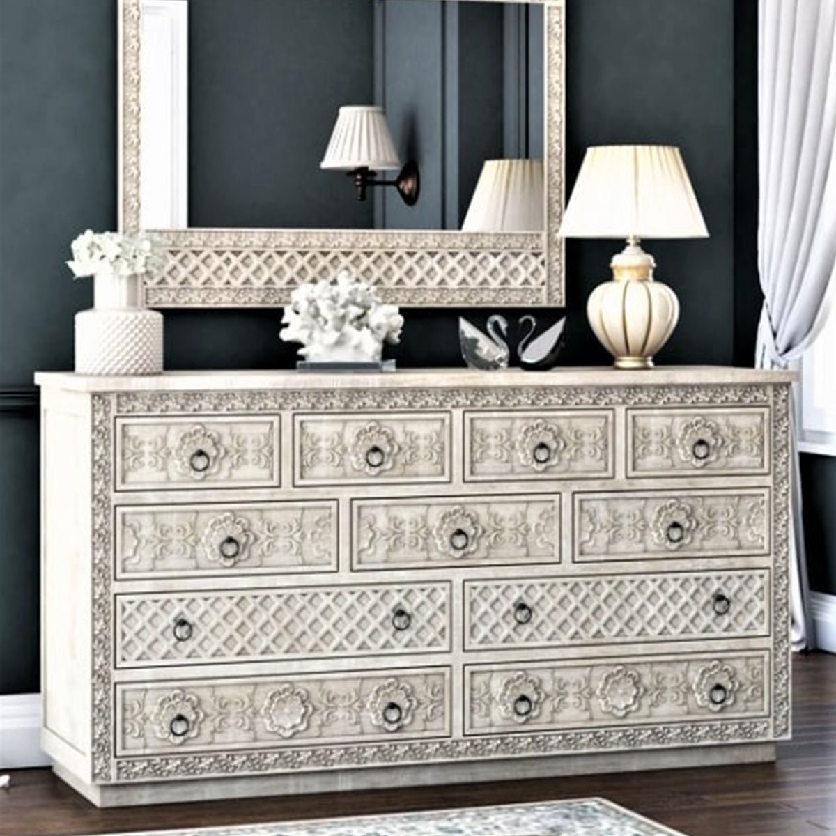 Juffair Hand Carved Wooden eleven Drawer Dresser – handcrafted solid wood furniture