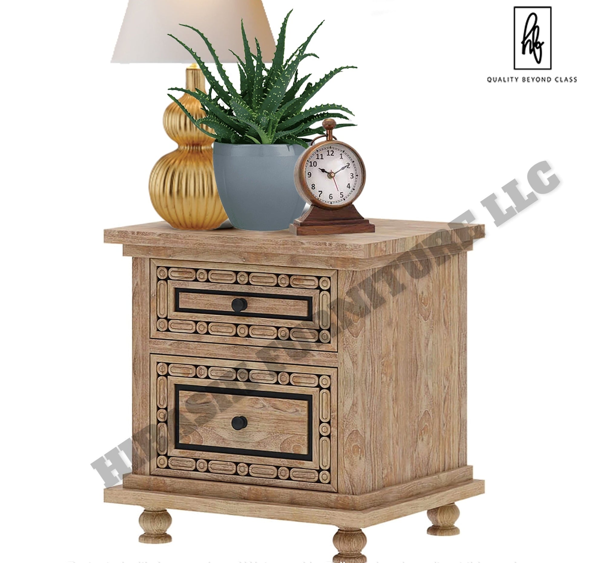 KARINA Hand Carved Solid Wood Nightstand with 2 Drawers – handcrafted solid wood furniture