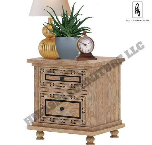 KARINA Hand Carved Solid Wood Nightstand with 2 Drawers by Hibashi Furniture – handcrafted solid wood furniture made in India