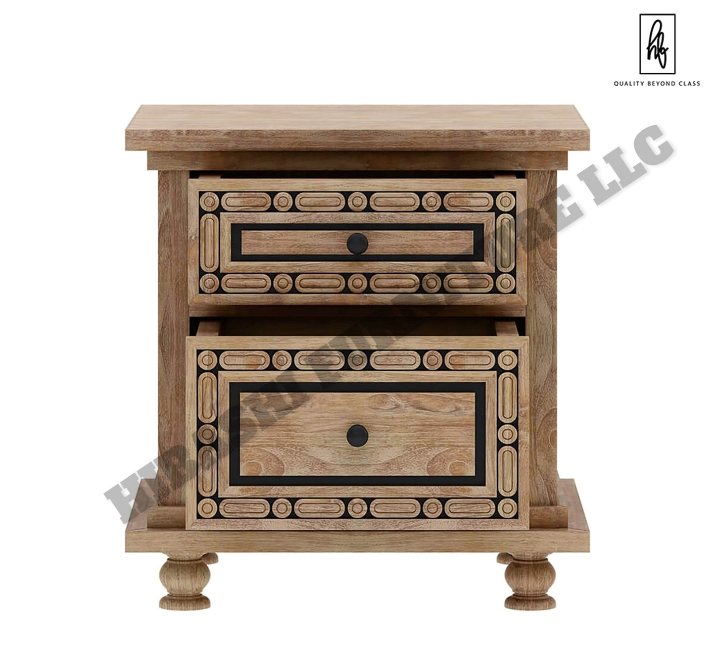 KARINA Hand Carved Solid Wood Nightstand with 2 Drawers – handcrafted solid wood furniture