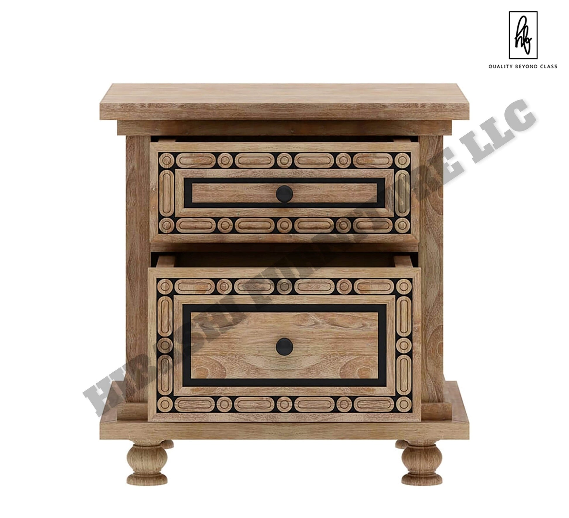 KARINA Hand Carved Solid Wood Nightstand with 2 Drawers – handcrafted solid wood furniture