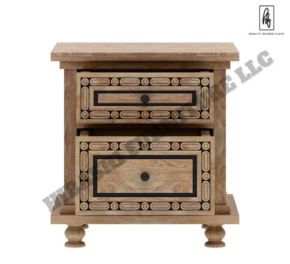 KARINA Hand Carved Solid Wood Nightstand with 2 Drawers – handcrafted solid wood furniture
