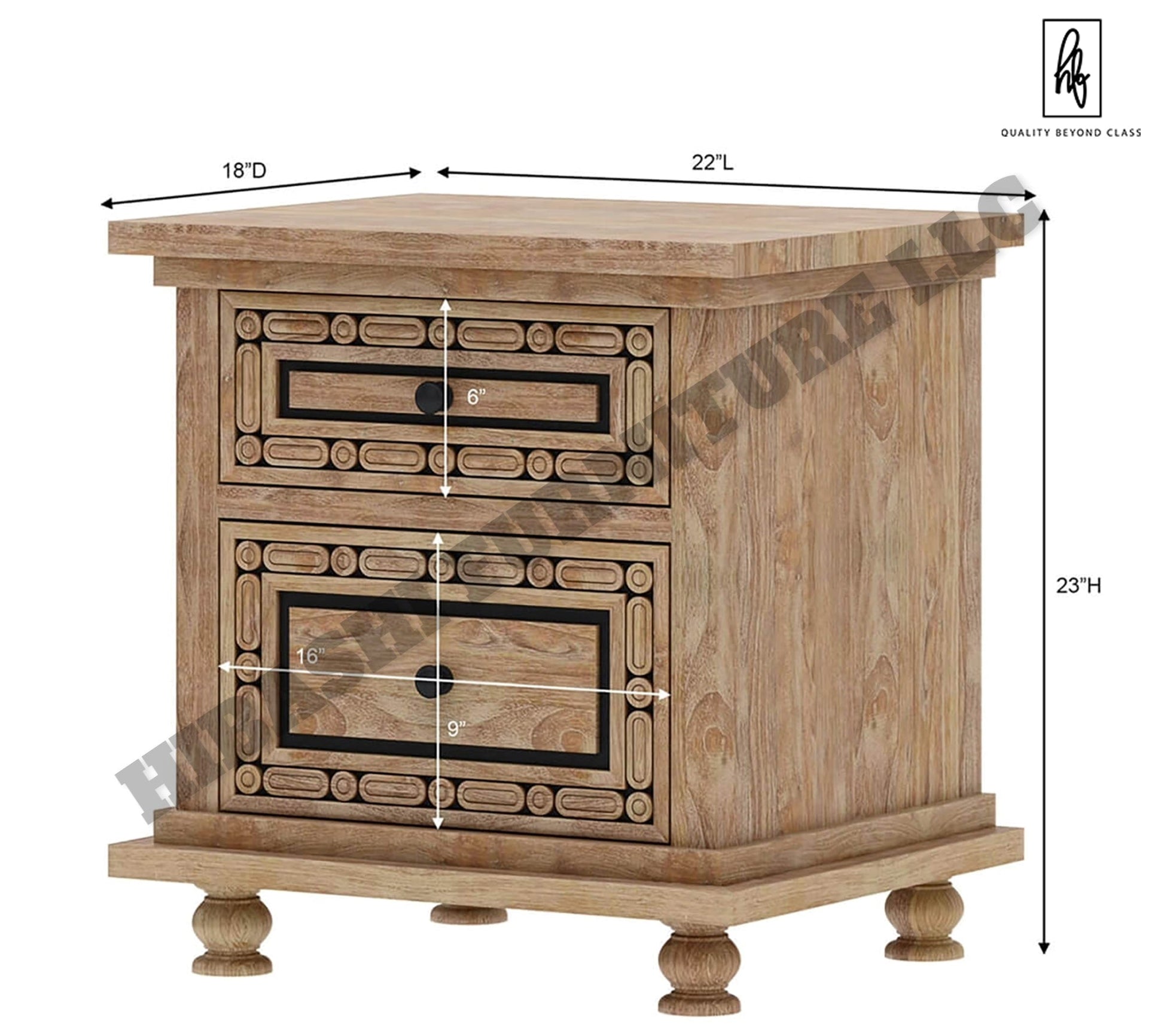 KARINA Hand Carved Solid Wood Nightstand with 2 Drawers – handcrafted solid wood furniture