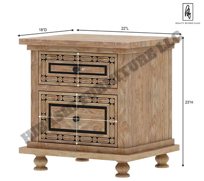 KARINA Hand Carved Solid Wood Nightstand with 2 Drawers – handcrafted solid wood furniture