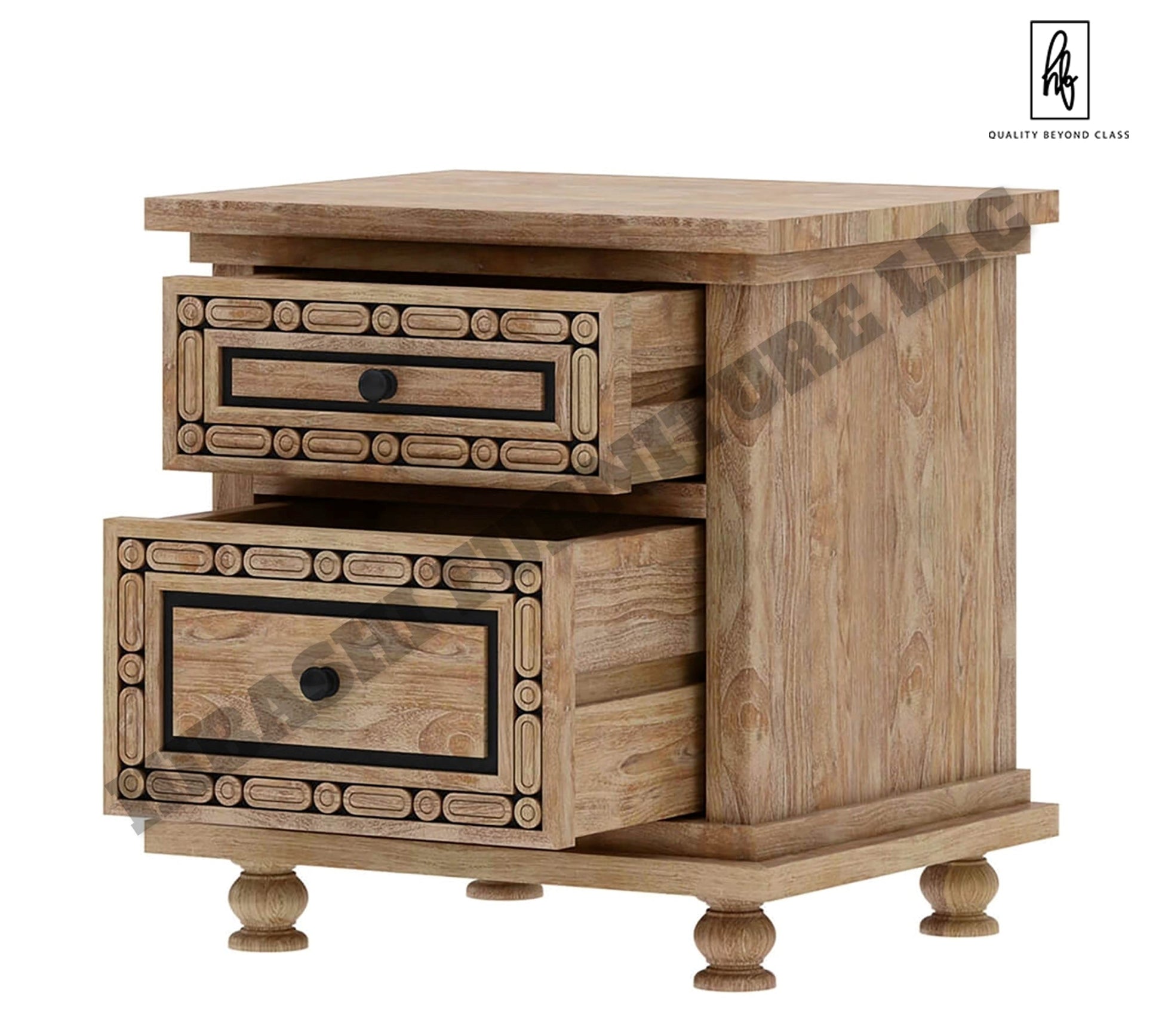 KARINA Hand Carved Solid Wood Nightstand with 2 Drawers – handcrafted solid wood furniture