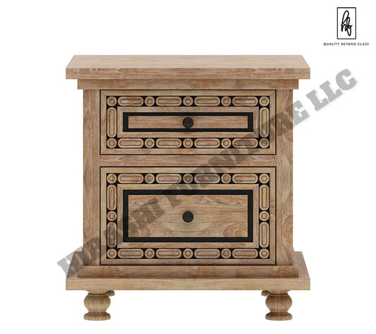 KARINA Hand Carved Solid Wood Nightstand with 2 Drawers by Hibashi Furniture – handcrafted solid wood furniture made in India