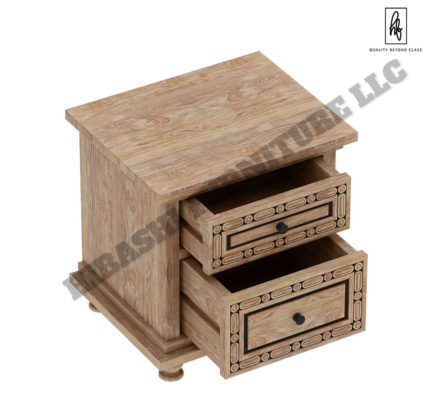 KARINA Hand Carved Solid Wood Nightstand with 2 Drawers – handcrafted solid wood furniture