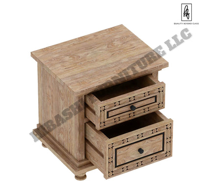 KARINA Hand Carved Solid Wood Nightstand with 2 Drawers – handcrafted solid wood furniture