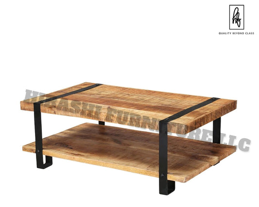 LAHI Rustic Mango Wood 2 Tier Industrial Coffee Table by Hibashi Furniture – handcrafted solid wood furniture made in India
