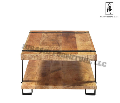 LAHI Rustic Mango Wood 2 Tier Industrial Coffee Table by Hibashi Furniture – handcrafted solid wood furniture made in India