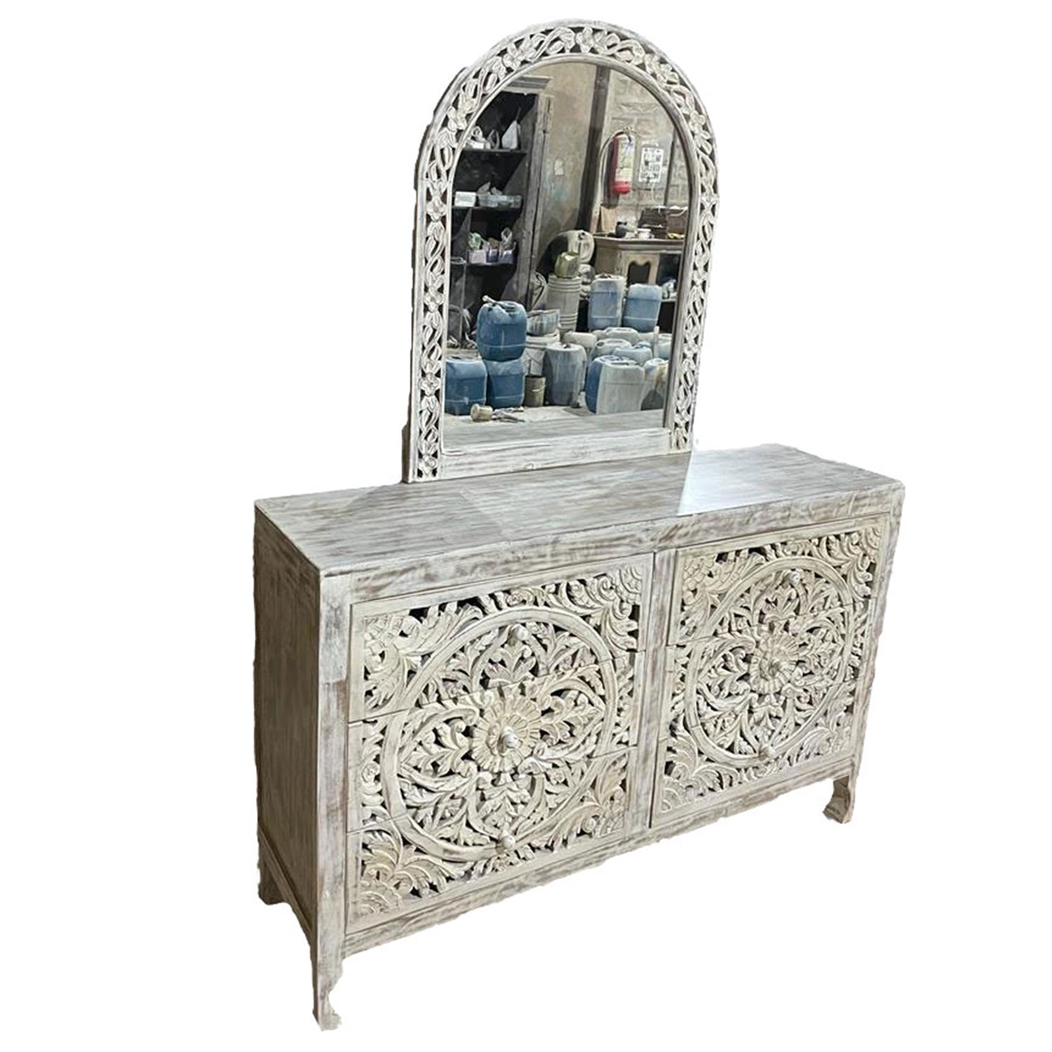 Lombok Hand Carved Wooden Six Drawer Dresser With Mirror by Hibashi Furniture – handcrafted solid wood furniture made in India