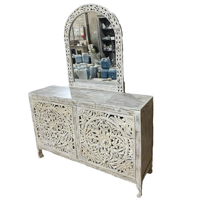 Lombok Hand Carved Wooden Six Drawer Dresser With Mirror by Hibashi Furniture – handcrafted solid wood furniture made in India
