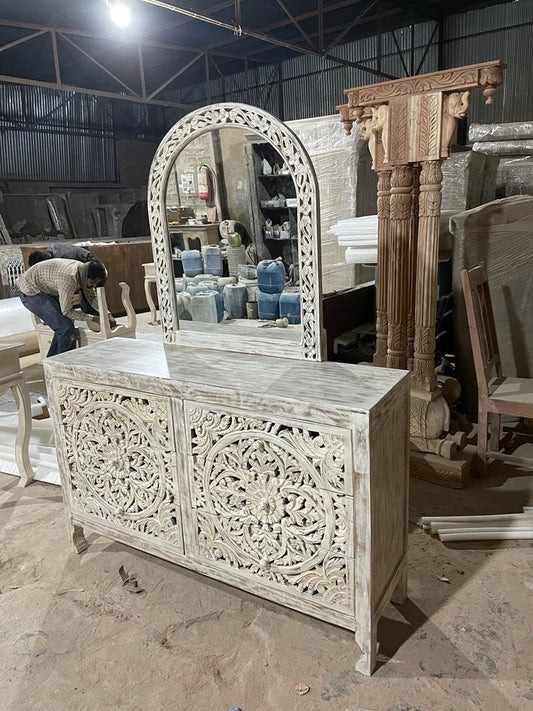Lombok Hand Carved Wooden Six Drawer Dresser With Mirror by Hibashi Furniture – handcrafted solid wood furniture made in India