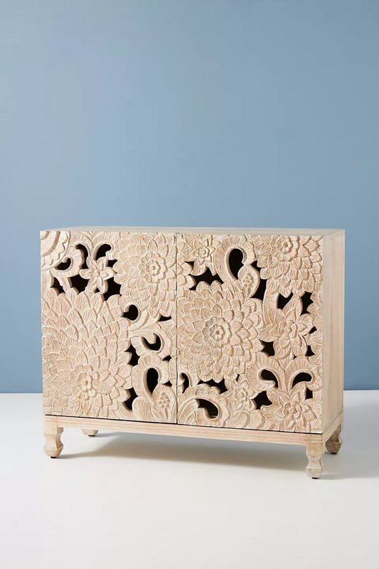 LOTUS Hand carved Entryway Cabinet by Hibashi Furniture – handcrafted solid wood furniture made in India