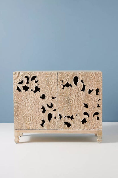 LOTUS Hand carved Entryway Cabinet – handcrafted solid wood furniture