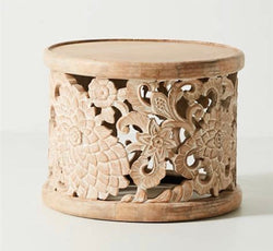 Hand Carved Lotus Floral Round Side Table