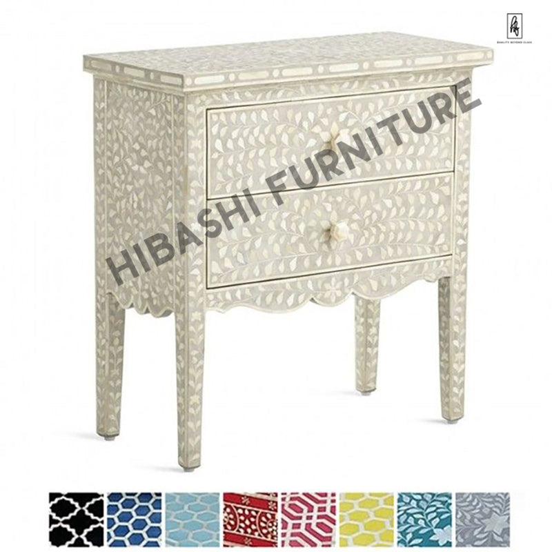 Santana Bone inlay White Floral 2 Drawer Bedside Lamp Table